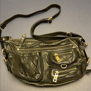 Steven by Steve Madden Black Leather Crossbody Bag with Gold Hardware